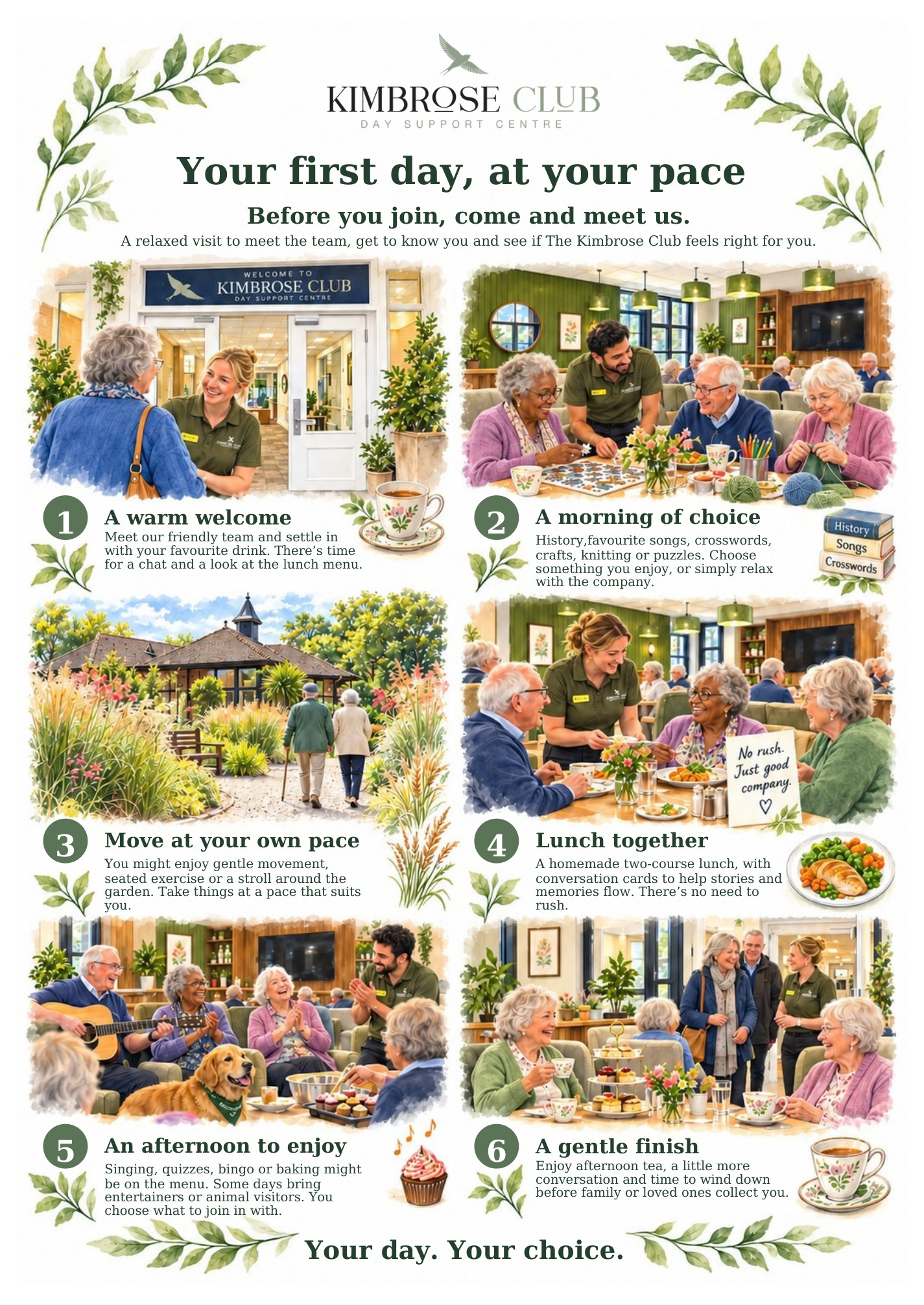 Your first day, at your pace: six illustrated scenes showing arrival, morning activities, gentle movement, lunch, afternoon activities and heading home. The same information is available in the numbered sections beside or below this picture.